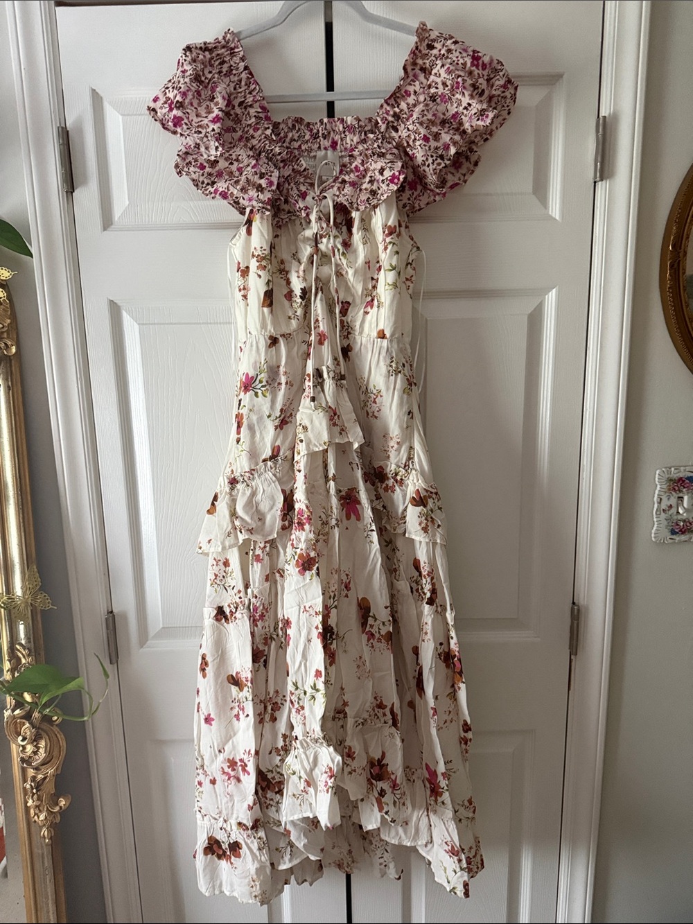 Maeve One-Shoulder Floral Midi Dress in Cream and Pink